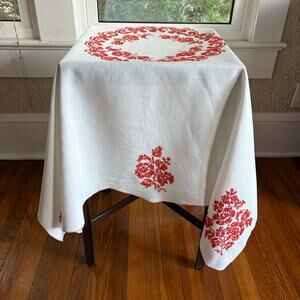 Vintage Red Embroidered Tablecloth 47x47 Floral Cross Stitch Cotton Linen